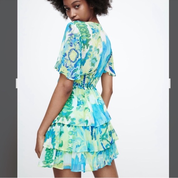 Zara Size Small Floral Blue and Green Women's Dress - Picture 2 of 8